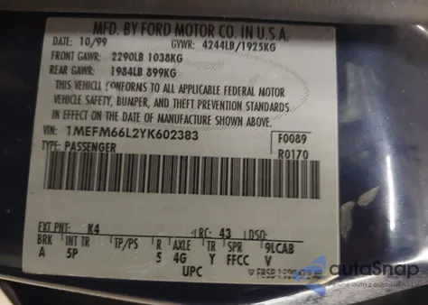 2000 Mercury Mystique Ls from USA, damaged, VIN 1MEFM66L2YK602383